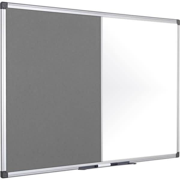 Doppelseitiges Schiebe-Whiteboard mit einem grauen Filz-Pinnwand-Panel auf der linken Seite und einer blanken weißen Trockenmarker-Oberfläche auf der rechten Seite.