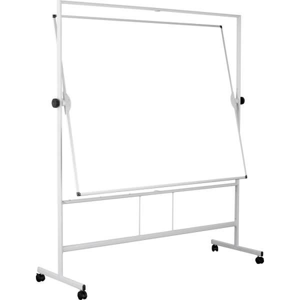 Tragbares fahrbares Trockenlosch-Whiteboard auf einem Metallständer mit verstellbarem Rahmen und Lenkrollen.