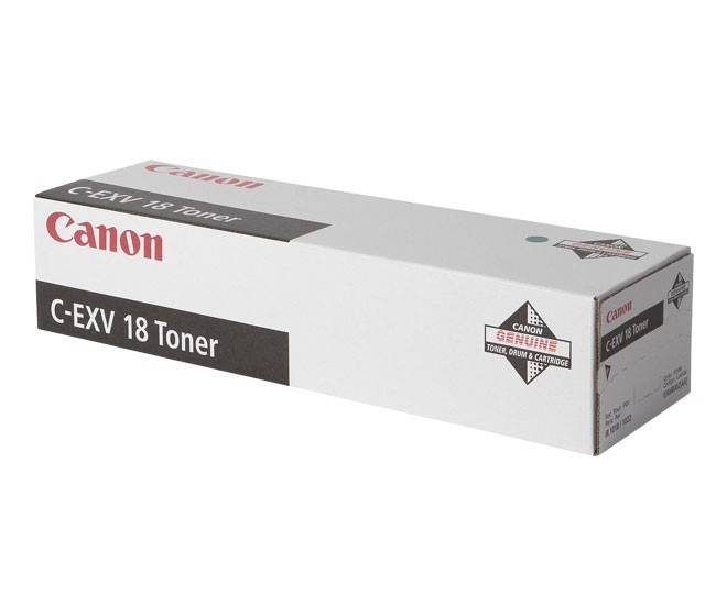 Canon C-EXV 18 Tonerkartusche in einer weißen Verpackung mit rotem Canon-Logo, vorgesehen für Drucker, Seitenansicht.
