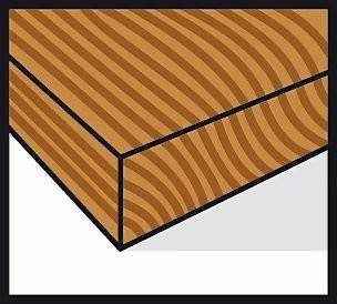 Eckenansicht eines Holzblocks mit Abbildung der Holzmaserungsmuster auf der Ober- und Seitenfläche, ähnlich einem geschnittenen Holzstück.