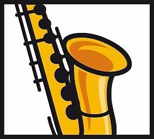 Eine gelbe Saxophon mit schwarzen Details und Klappen, vor einem weißen Hintergrund mit schwarzem Rand.