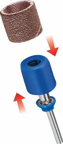 Ein blaues Gummilaufrad auf einer Metallachse ist zu sehen, mit roten Pfeilen, die möglicherweise Bewegung oder Richtung andeuten. Eine raue Oberfläche ist teilweise oberhalb zu erkennen.