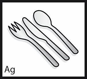 Illustration einer Gabel, eines Messers und eines Löffels vor einem einfarbigen Hintergrund.