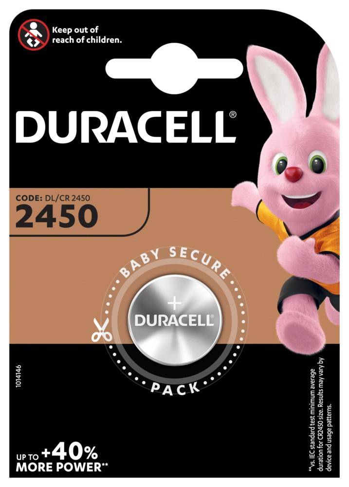 Duracell-2450-Batteriepack mit einem rosa Hasen als Maskottchen, mit einer Verpackung, die speziell auf Kindersicherheit ausgelegt ist.