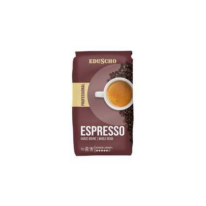 Packung von EDUSCHO Espresso Kaffeebohnen mit einer Tasse Espresso auf der Vorderseite abgebildet.