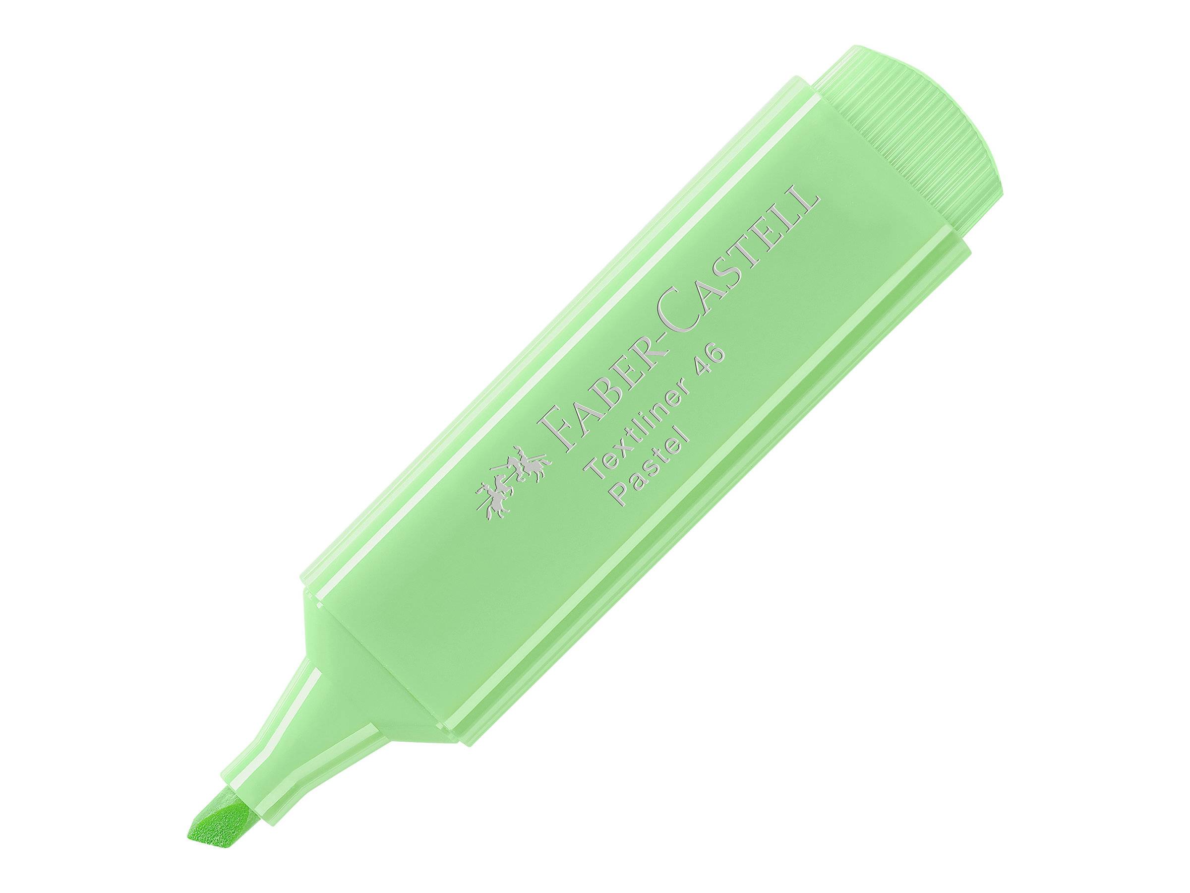 Ein grüner Faber-Castell Textliner 46 Pastell-Highlighter-Stift auf weißem Hintergrund.