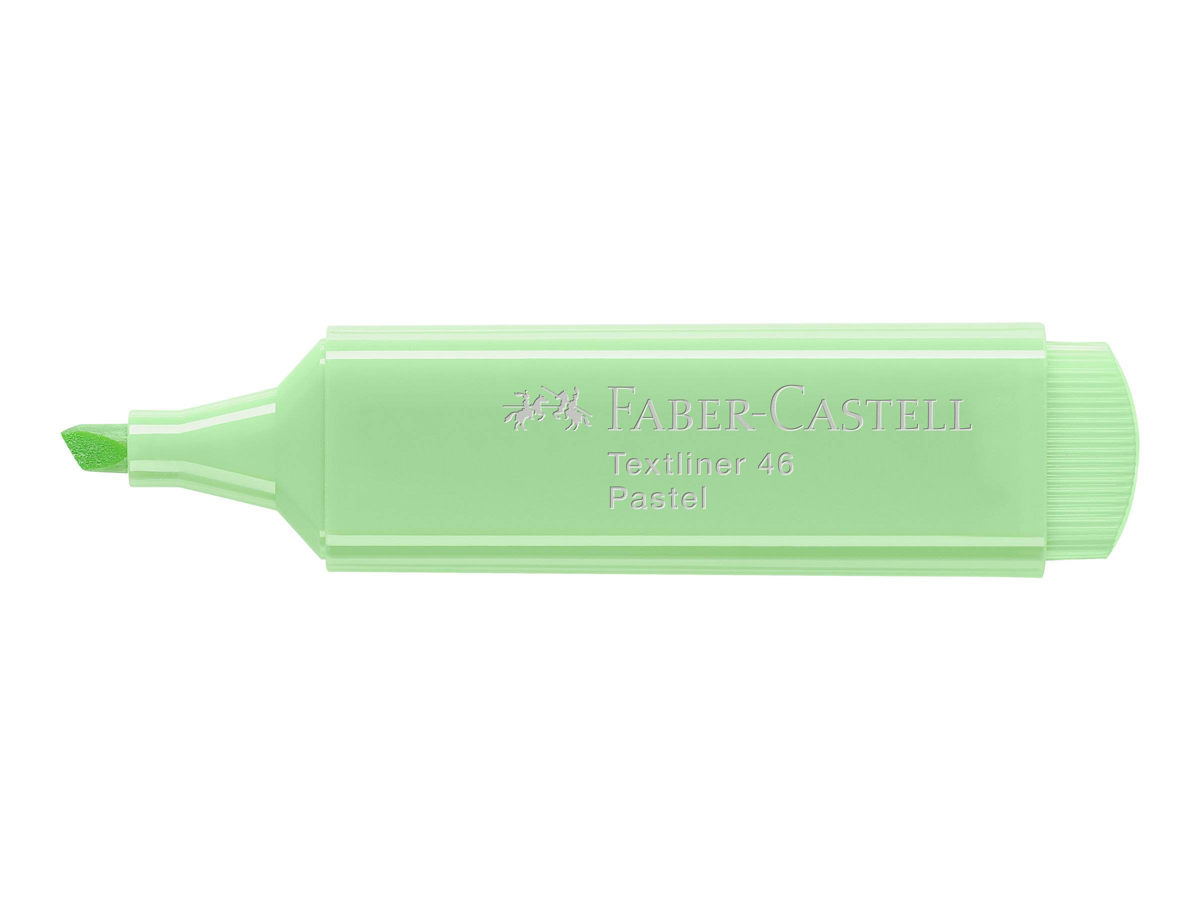 Grüner Faber-Castell Textliner 46 Pastellmarker, horizontal auf weißem Hintergrund dargestellt.