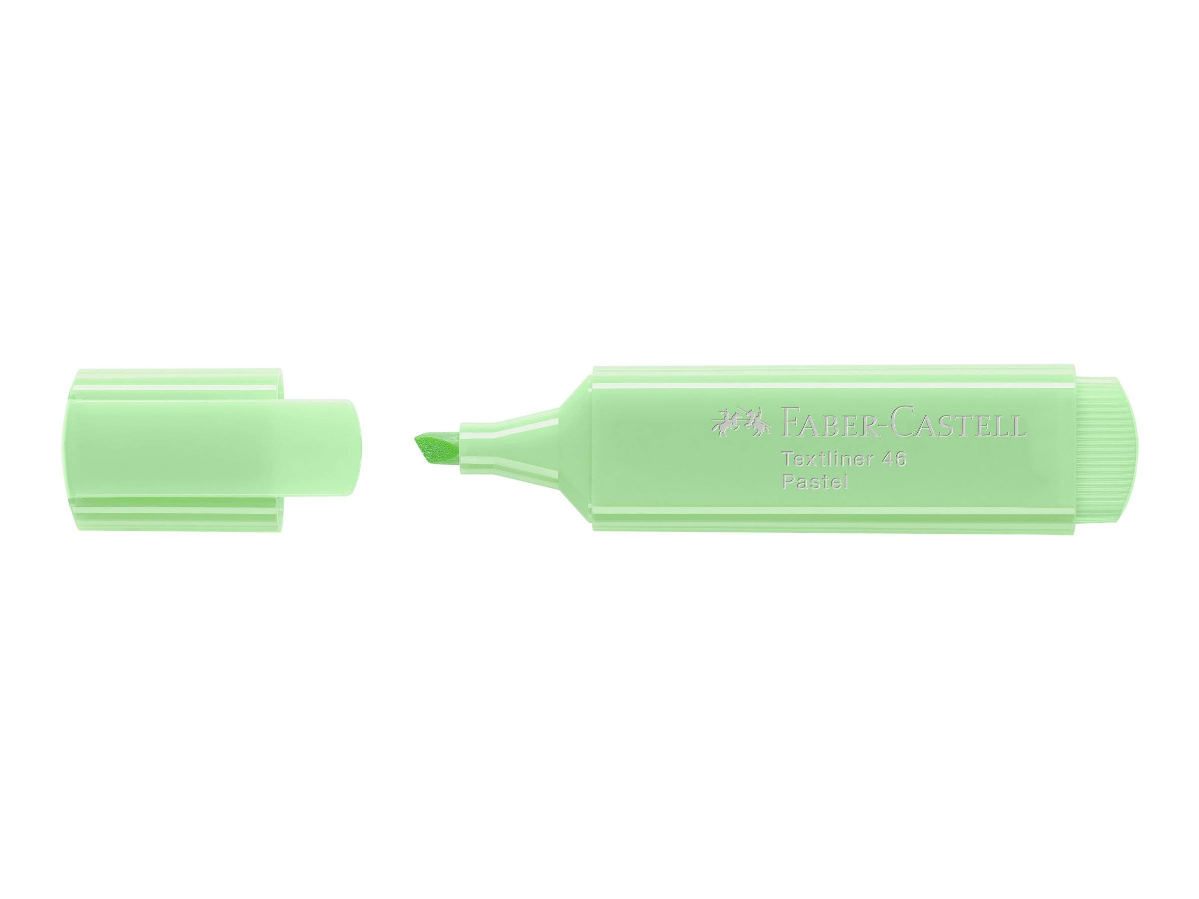 Grüner Faber-Castell Textliner 48 Pastel Textmarker, shown mit entfernter Kappe, die die Keilspitze freilegt.