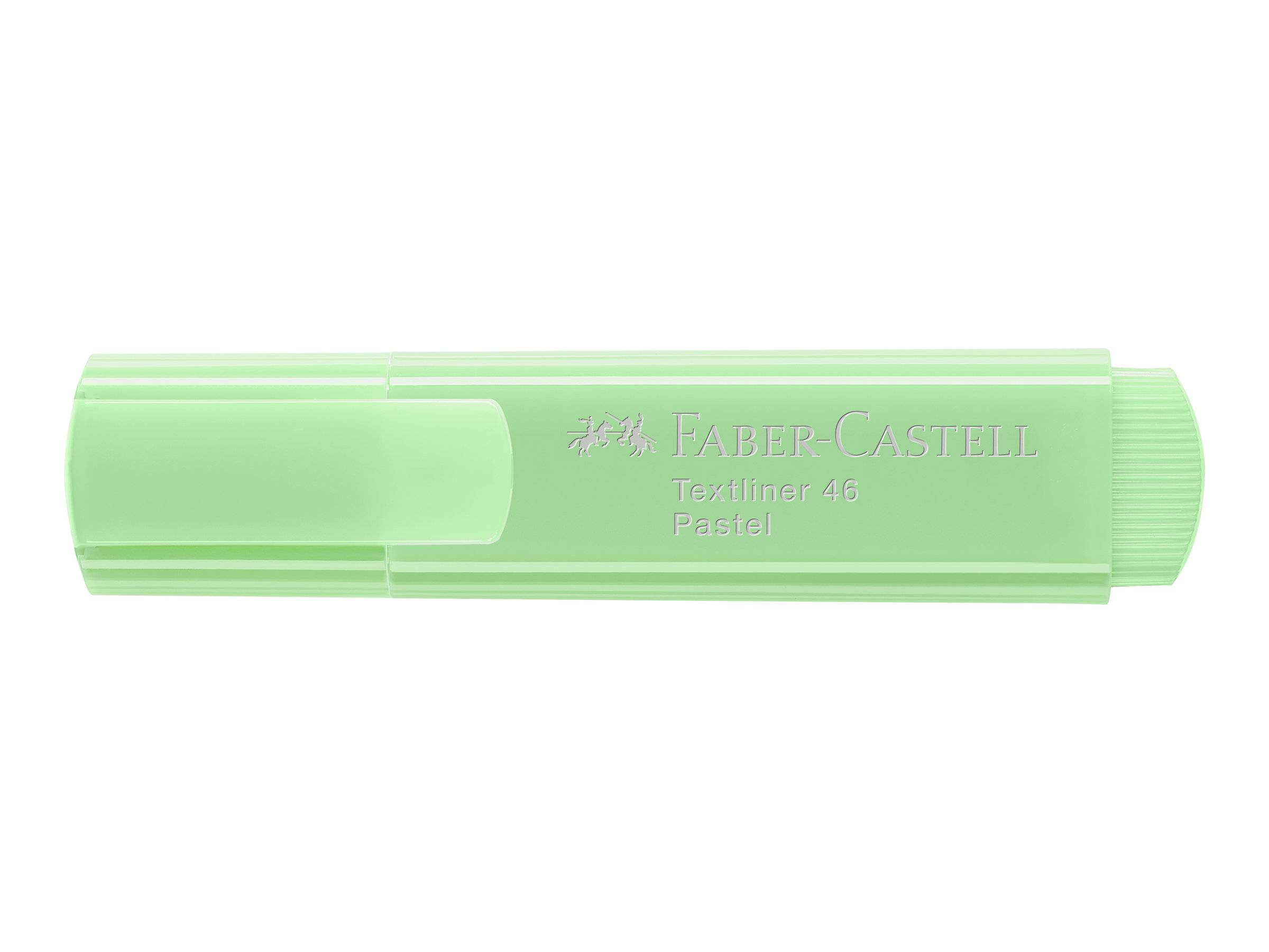Mintgrüner Faber-Castell Textliner 46 Pastell-Textmarker horizontal auf weißem Hintergrund dargestellt.