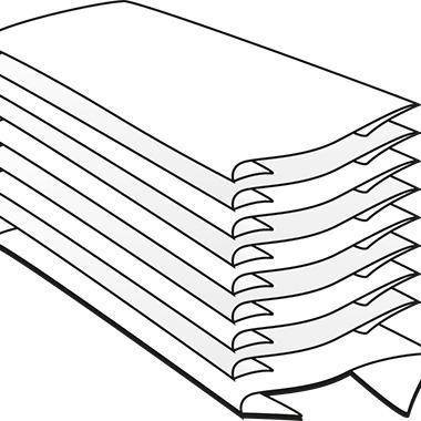 Schwarz-Weiß-Illustration eines Stapels von Papieren mit gestaffelten, umgeknickten Ecken, die einen Haufen von Dokumenten oder Blättern andeuten.