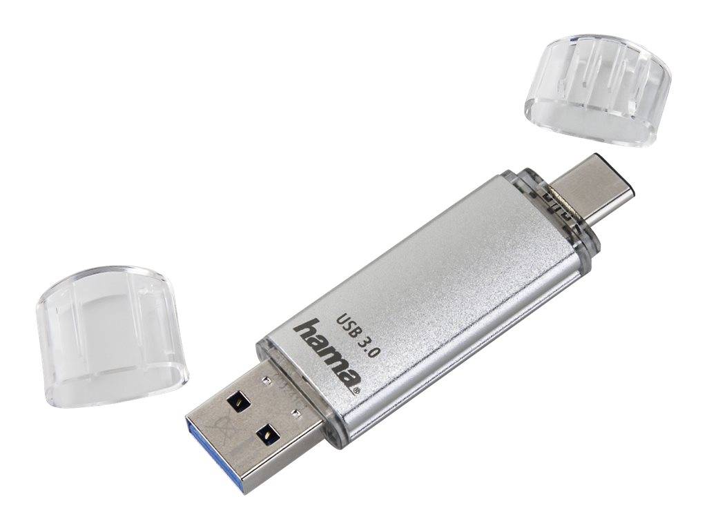 USB 3.0 Dual-Connector Flash-Laufwerk mit Schutzkappe, das sowohl USB-A- als auch USB-C-Anschlüsse zeigt.