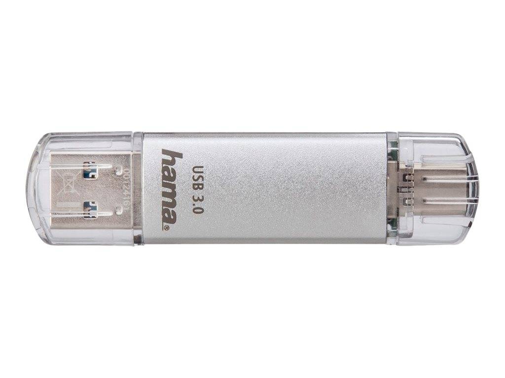 Silbernes Hama USB 3.0-Speicherstick mit durchsichtigen Schutzkapppen an beiden Enden, vor weißem Hintergrund abgebildet.