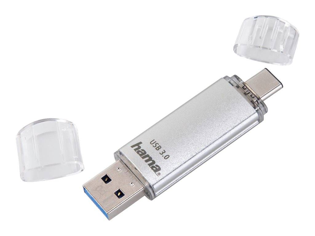 Silbernes USB-Stick mit Dual-Connector, ausgestattet mit USB-A und USB-C-Steckern, gezeigt mit zwei entfernten durchsichtigen Schutzkappen.