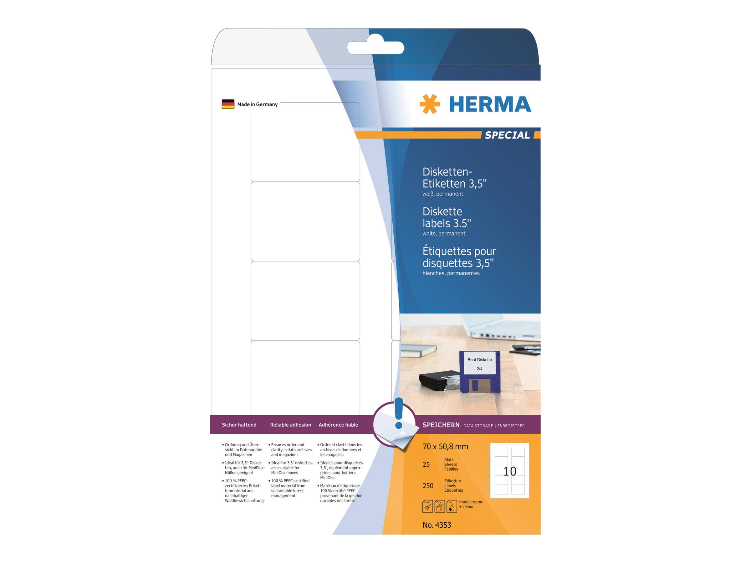 HERMA Special - Papier - matt - permanent selbstklebend - weiß - 70 x 50.8 mm 250 Etikett(en) (25 Bogen x 10)