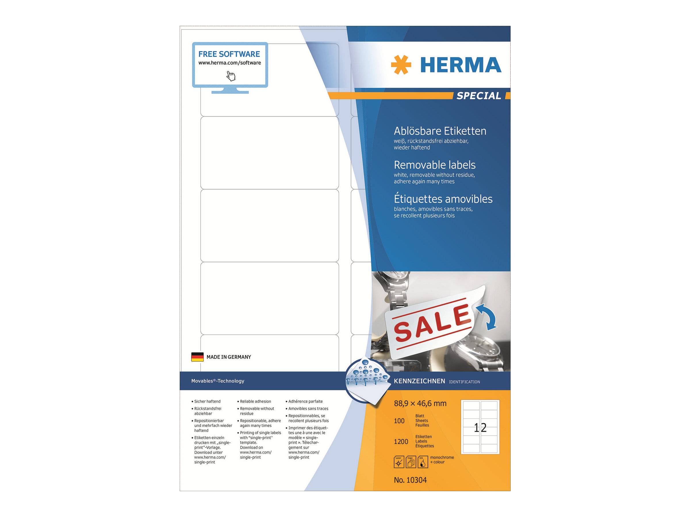 HERMA Special - Papier - matt - selbstklebend, entfernbarer Klebstoff - weiß - 88.9 x 46.6 mm 1200 Etikett(en) (100 Boge