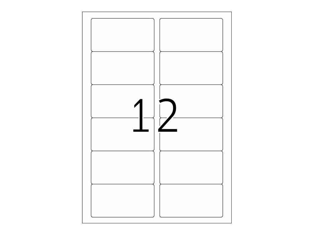 Leeres zweispaltiges Etikettenblatt mit 12 abgerundeten rechteckigen Aufklebern, nummeriert 1 und 2 in der Mitte, die die Spaltenreihenfolge oder Position anzeigen.