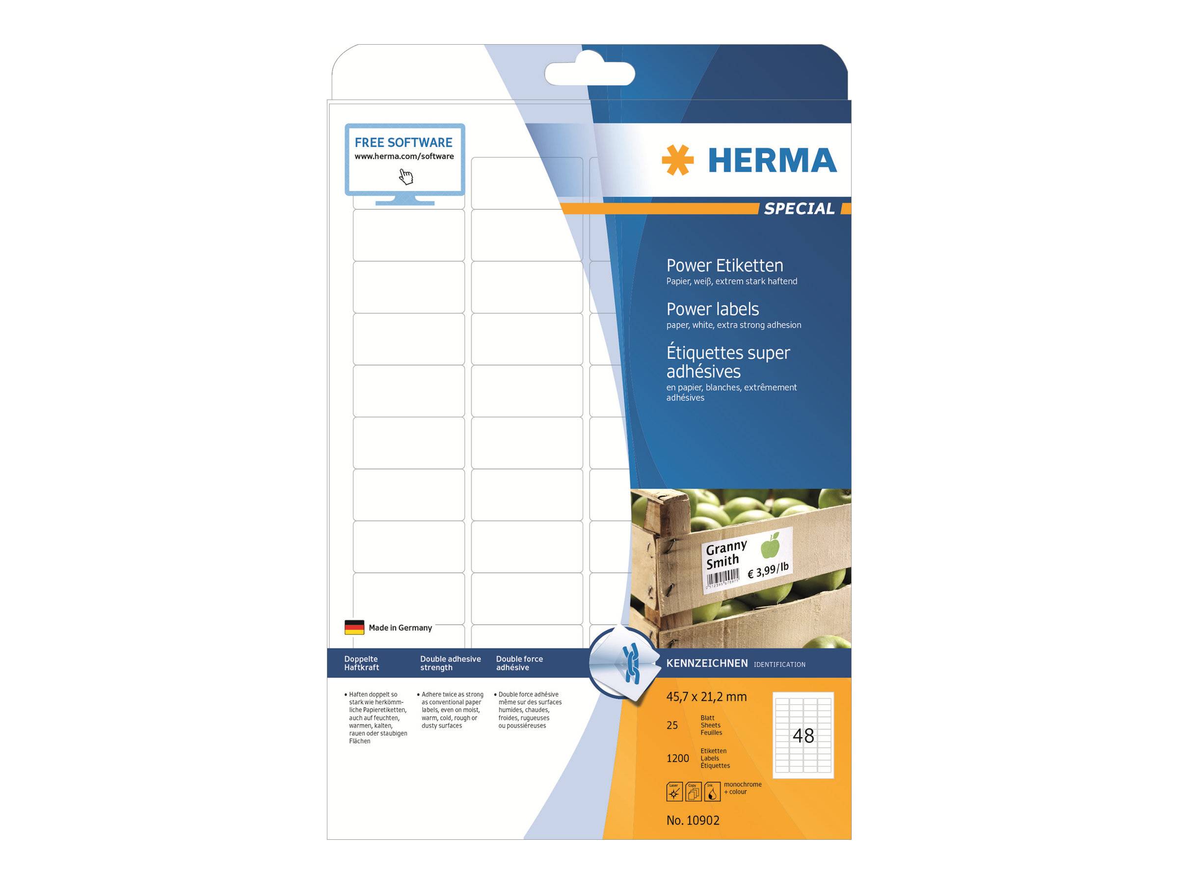 HERMA spezielle selbstklebende Kraftetiketten-Blätter Packung, zeigt leere Adressetiketten und Produktdetails für 48 Etiketten, 63,5 x 21,2 mm.
