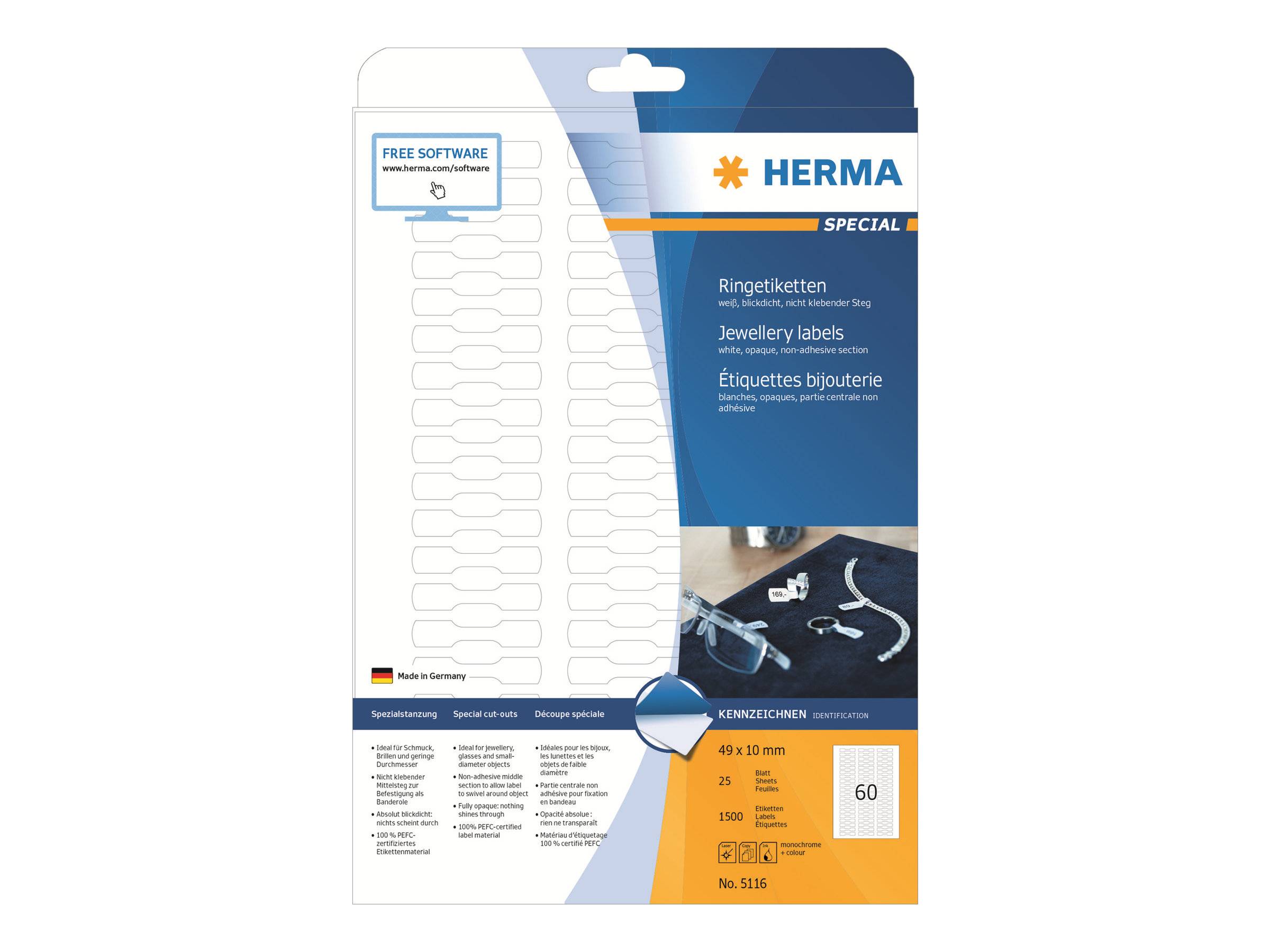 HERMA Spezial-Ringetikettpack für Schmuck; die Packung zeigt leere weiße Etikettenblätter, „Kostenlose Software