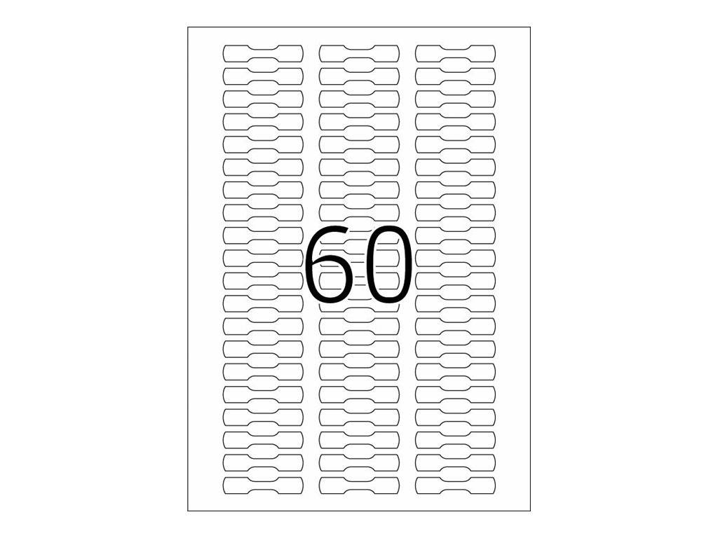 Ein Etikettenbogen-Vorlagenblatt mit 60 identischen leeren abgerundeten Rechtecken, die in drei Spalten angeordnet sind, mit der Nummer „60