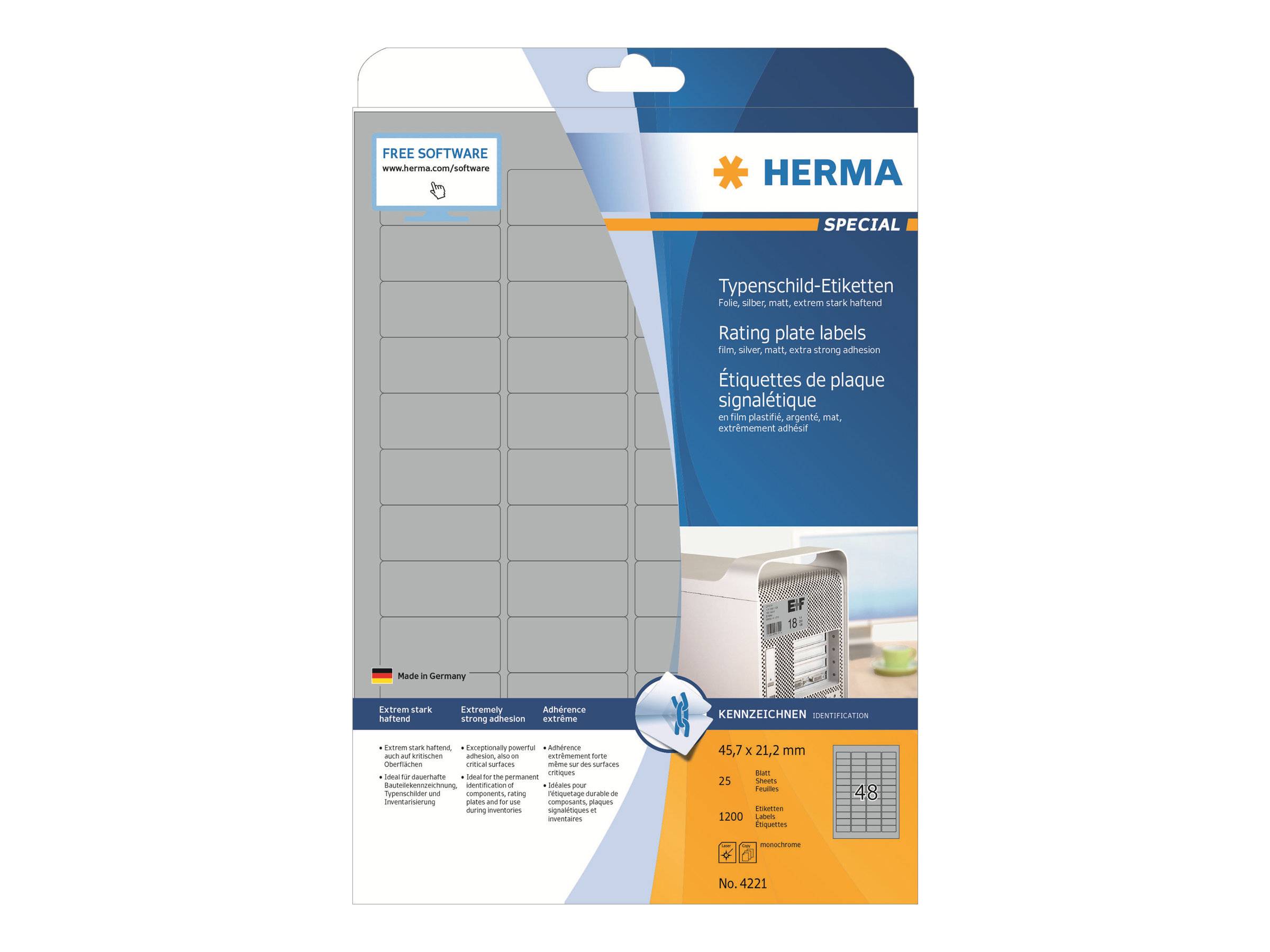 Verpackung für HERMA Spezial-'Typenschild-Etiketten' Typenschildetiketten, zeigt graue rechteckige Etikettenblätter und Produktdetails auf einer blau-orange Schachtel.