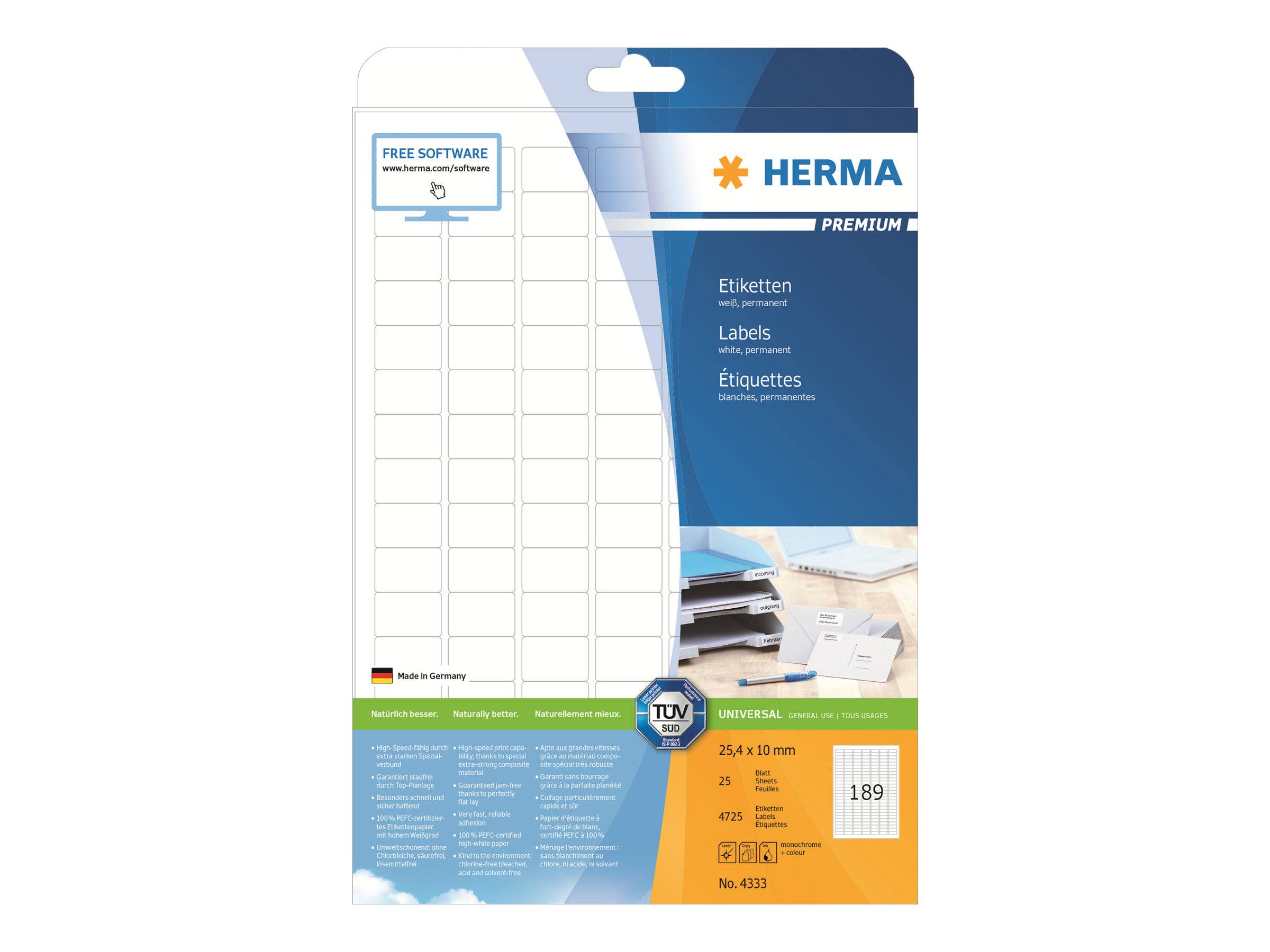 Paket mit HERMA Premium-Selbstklebeetiketten, zeigt leere weiße Etikettenblätter und Produktdetails auf Deutsch, Englisch und Französisch.