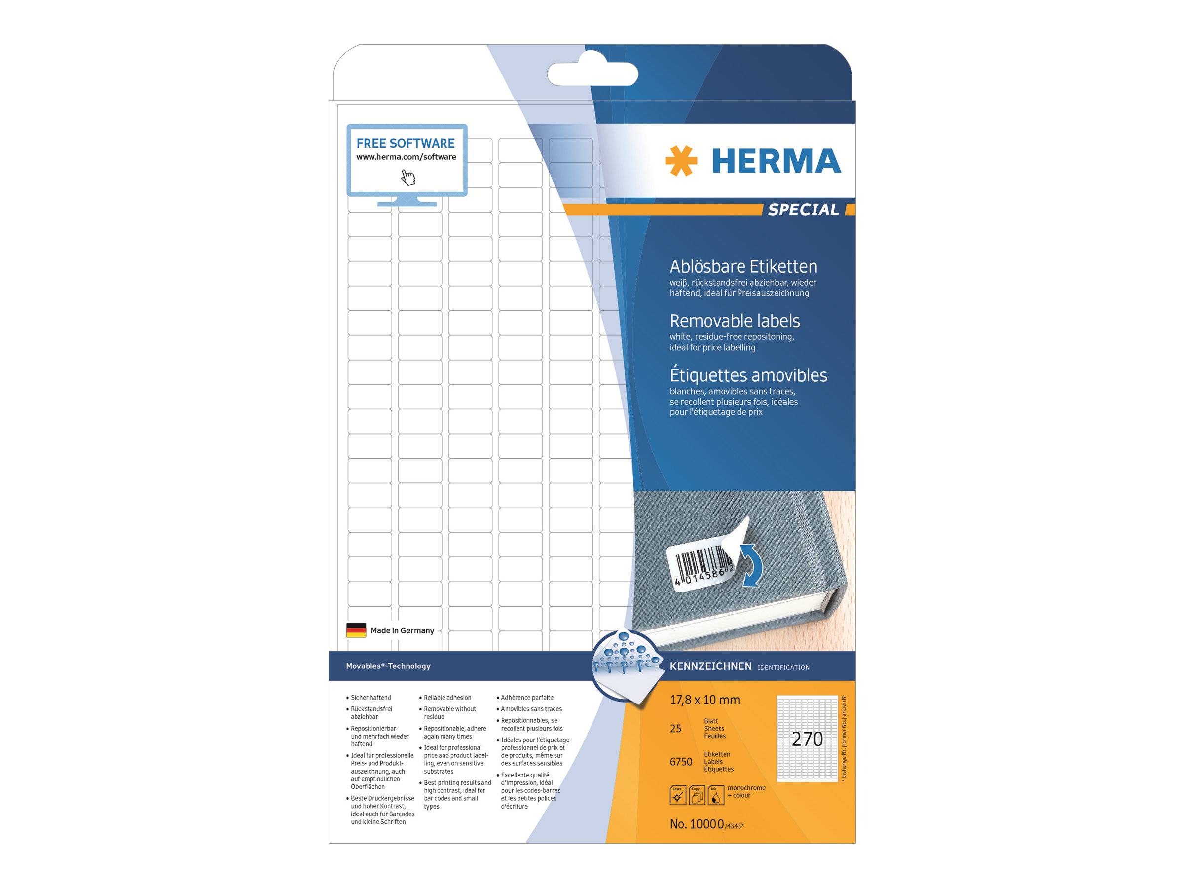 HERMA Special - Papier - matt - selbstklebend, entfernbarer Klebstoff - weiß - 17.8 x 10 mm 6750 Etikett(en) (25 Bogen x 270)