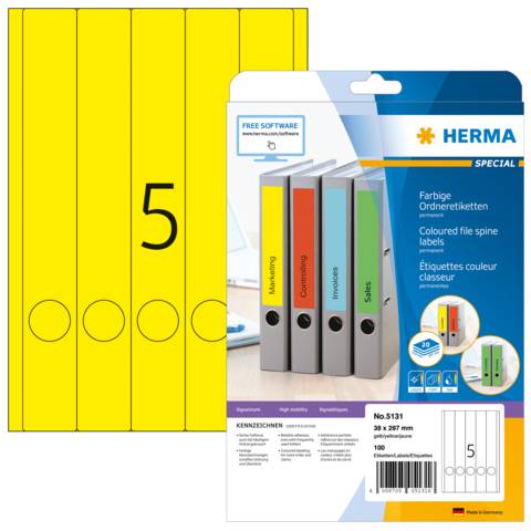 Ordneretiketten A4, 38 x 297 mm, gelb, permanent haftend, für schmale Ordner (lang)