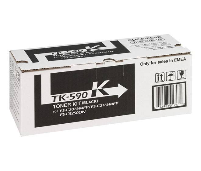 Box of TK-590K schwarzer Tonerkartuschen-Kit für FS-C2026MFP, FS-C2126MFP, FS-C5250DN Drucker. Gekennzeichnet für Verkauf in EMEA.