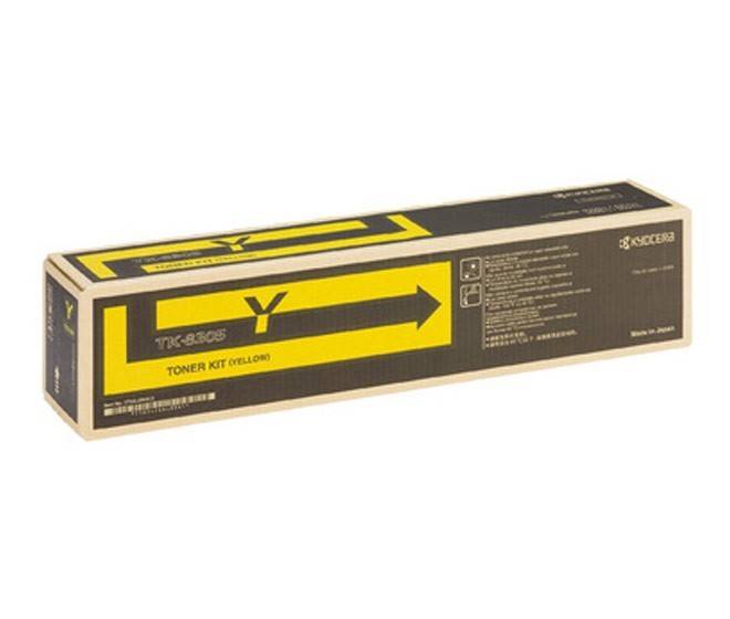 Gelber Tonerkassettenkarton mit der Bezeichnung 'TK-5150Y', versehen mit einem schwarzen Pfeil und Markenlogo. Entwickelt für die Verwendung mit bestimmten Druckermodellen.