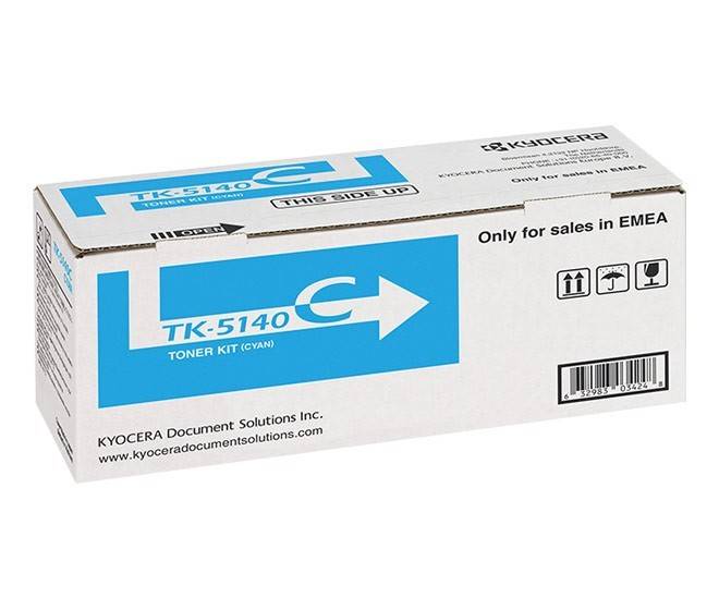 Eine Kyocera TK-5140 Cyan Toner Kit Verpackung mit Druckanweisungen und dem Hinweis 