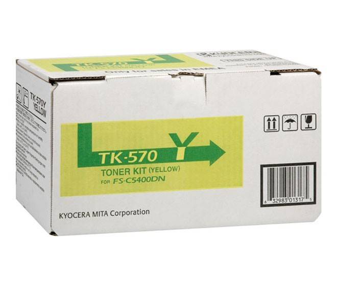 Eine Kyocera Tonerkit-Box mit der Aufschrift 'TK-570Y Tonerkit (Gelb)' für FS-C5400DN. Die Box ist hauptsächlich weiß mit grünen und gelben Akzenten.