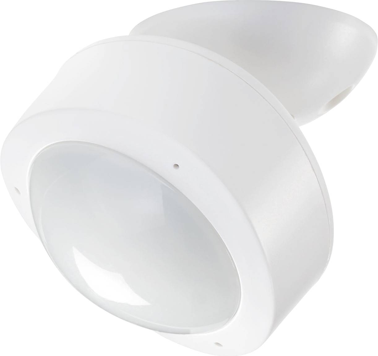 Ein weißes, kuppelförmiges Sensorgerät mit glatter Oberfläche, höchstwahrscheinlich ein Bewegungsmelder, ist auf einer gewölbten weißen Basis montiert.