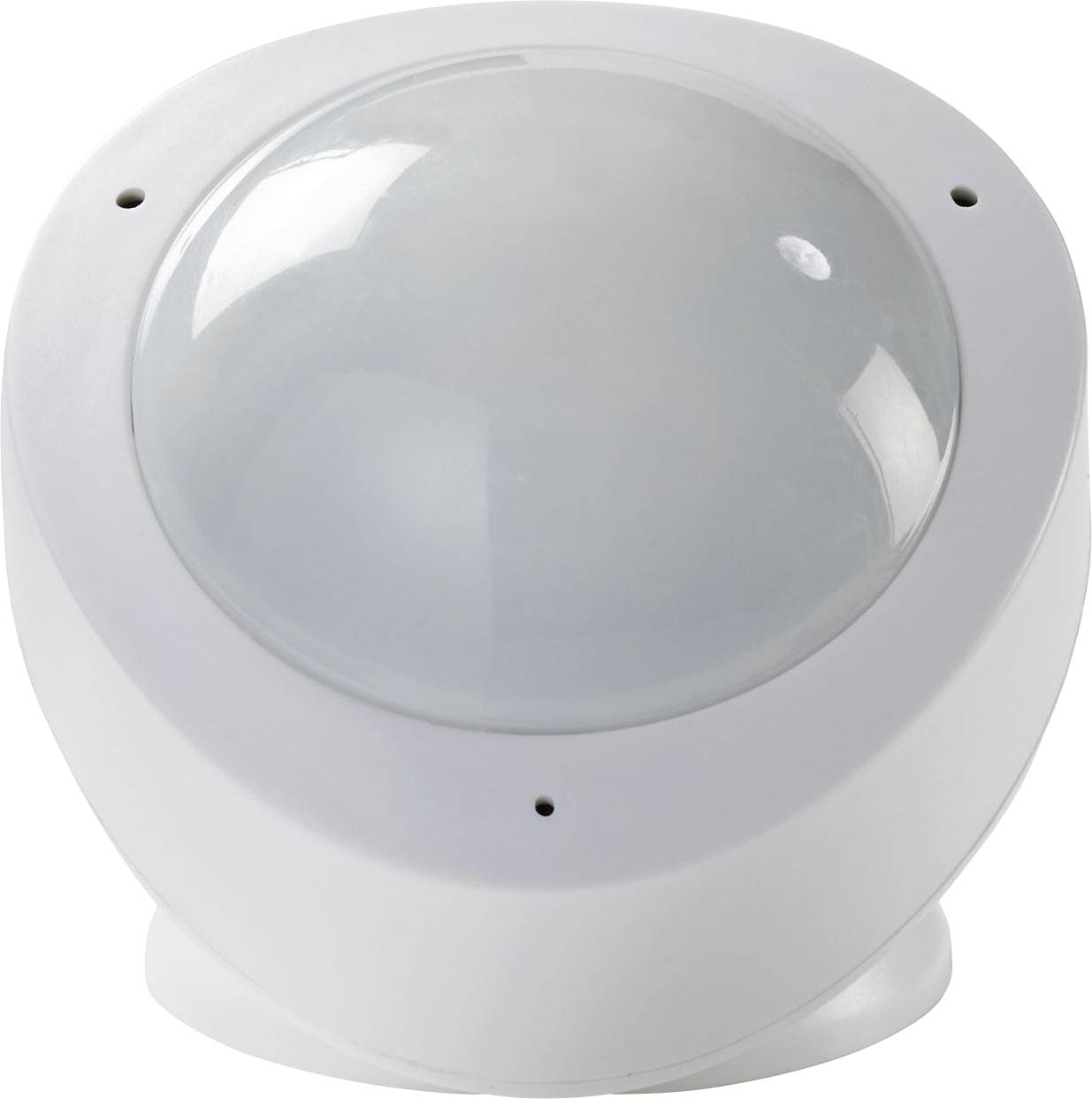 Ein weißer, kreisförmiger, kuppelförmiger Sensor mit glatter Oberfläche, auf einem Sockel montiert, wahrscheinlich zur Bewegungserkennung oder Sicherheitsüberwachung verwendet.