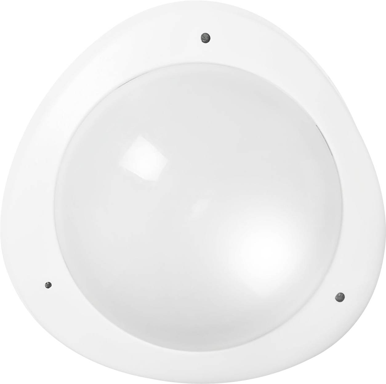 Eine weiße, kuppelförmige Deckenleuchte mit drei kleinen Schrauben, die am Rand sichtbar sind und ein minimalistisches und modernes Design bieten.