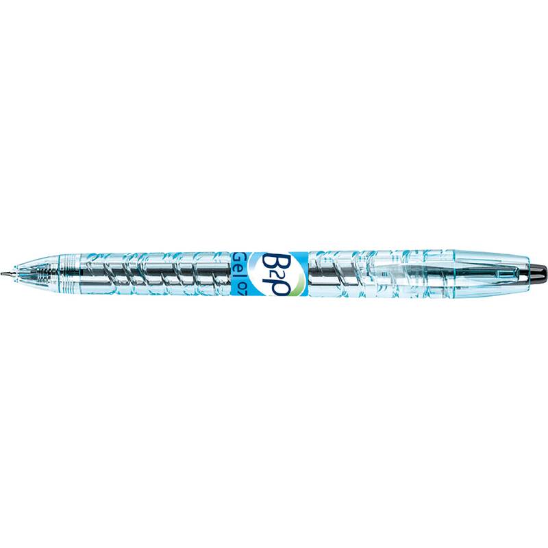 Ein transparenter blauer Gel-Stift mit Kappe, auf der nahe dem Griff das Markenlogo zu sehen ist.