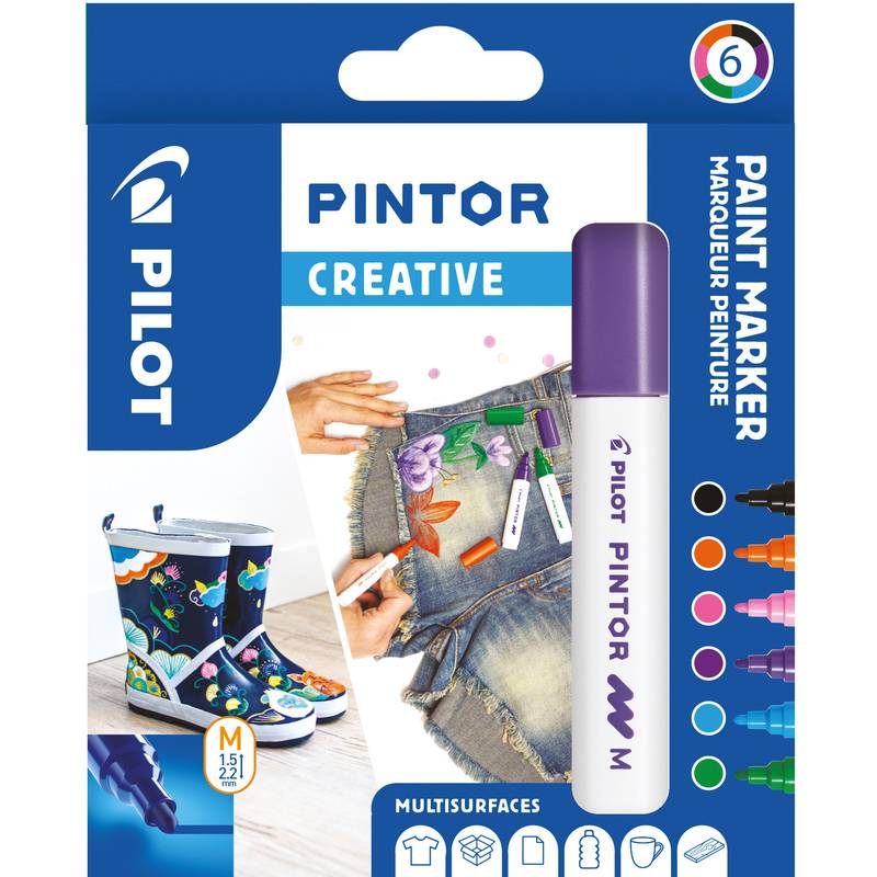 Pilot Pintor Kreativ-Mehrfarben-Lackmalstift-Set für mehrere Oberflächen, gezeigt mit einem Marker, dekorierten Jeans und Stiefeln; sechs Farben angezeigt.