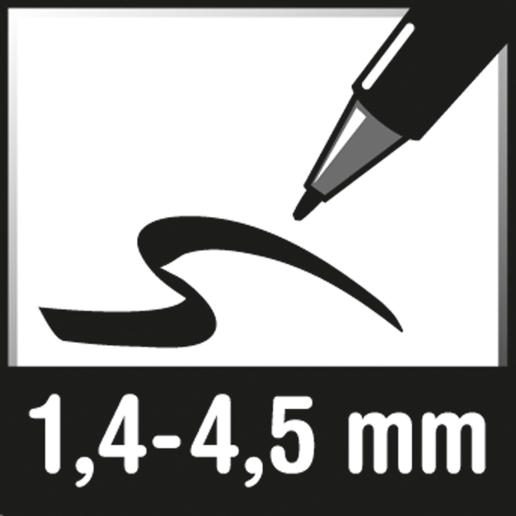 Stiftsymbol mit einer welligen Linie und dem Text „1,4–4,5 mm