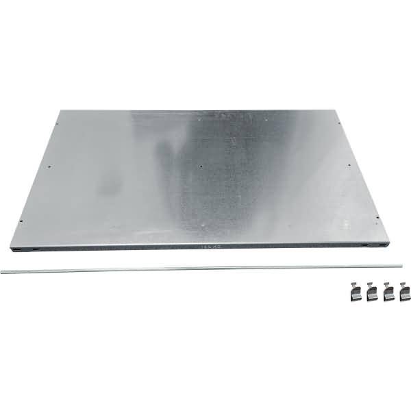 Metallplatte-Bausatz mit einem großen rechteckigen Blech, einer dünnen Stange und vier kleinen Clips auf weißem Hintergrund.