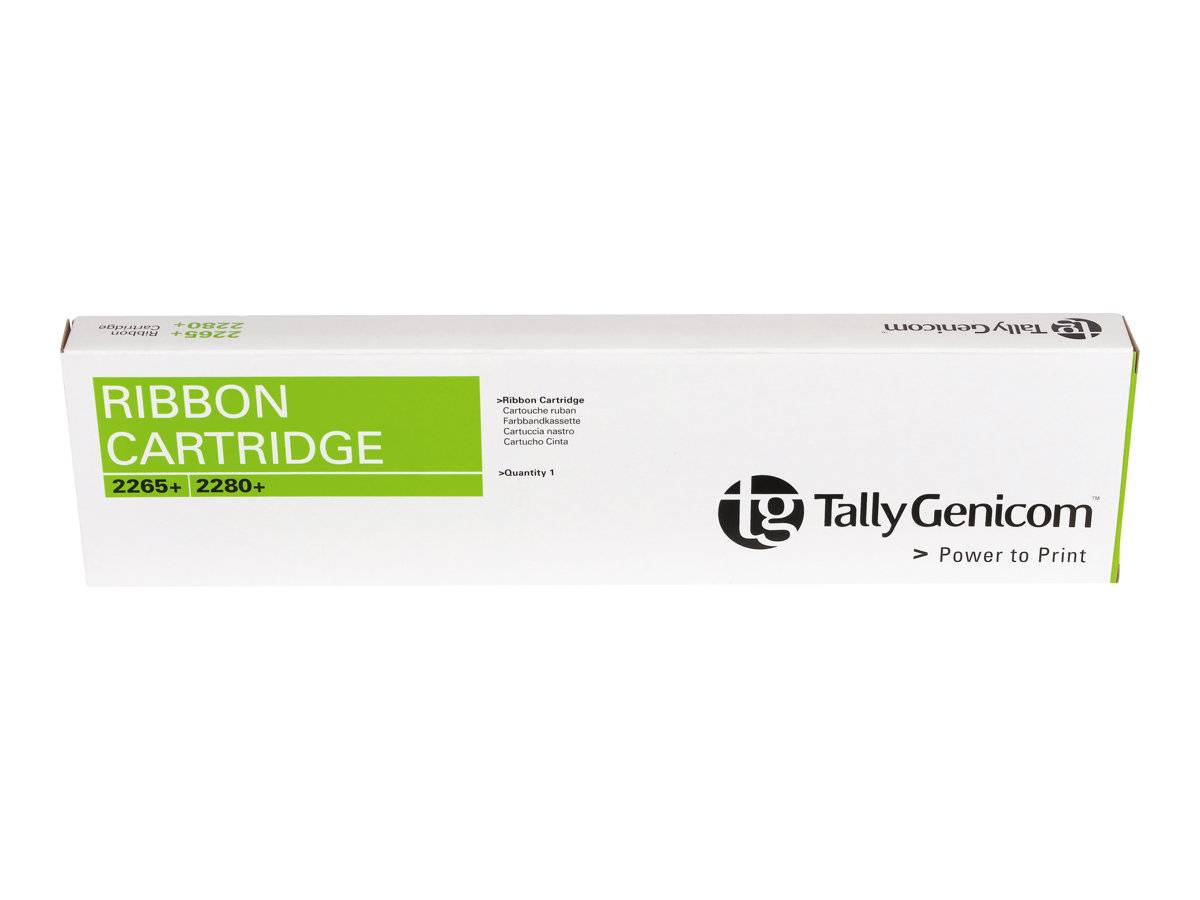 Weiße TallyGenicom-Farbbandspatrone Karton beschriftet mit „RIBBON CARTRIDGE