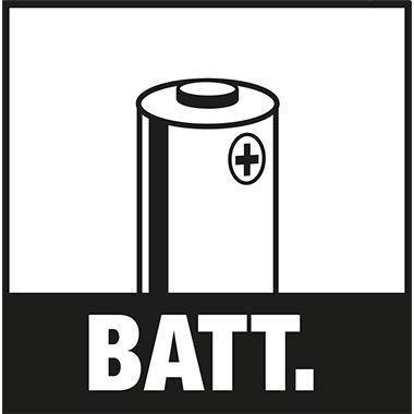 Schwarzweißes Batteriesymbol mit einem Pluszeichen über dem Etikett 