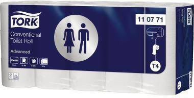 Packung Tork Conventional Toilettenpapier, Advanced, weiße Toilettenpapiere mit Damen- und Herrenklo-Symbol und T4-Bezeichnung.