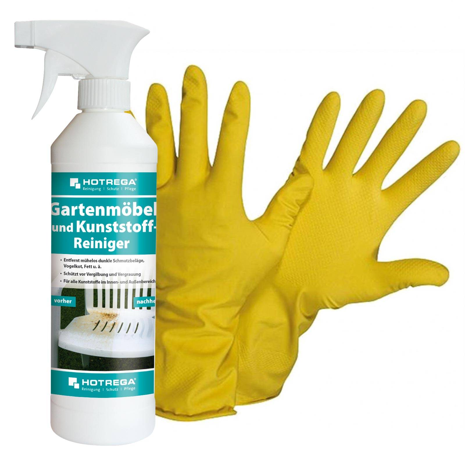HOTREGA Gartenmöbel und Kunststoff Reiniger 500 ml SET + NITRAS Handschuhe Gr. 10