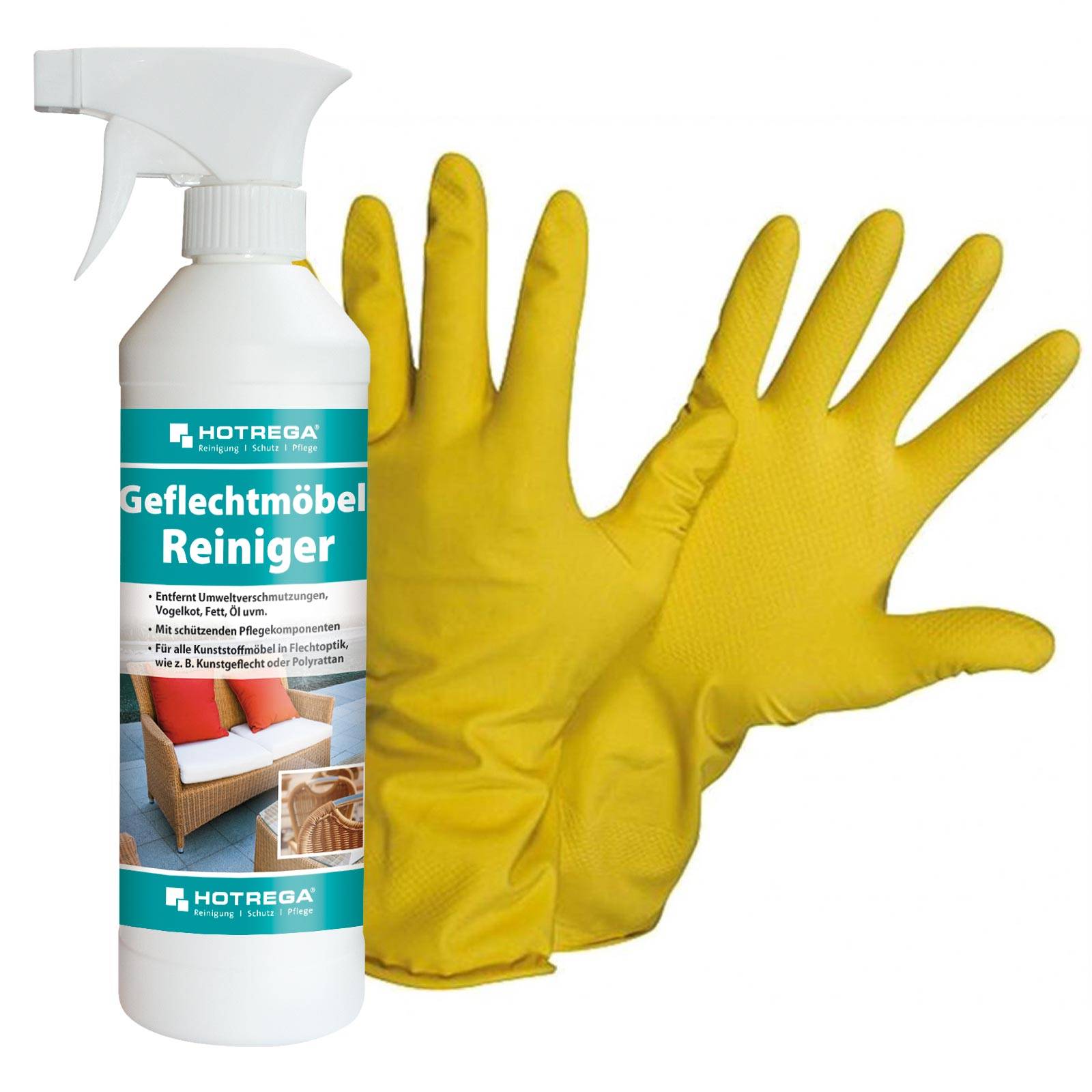 HOTREGA Geflechtmöbel Reiniger 500 ml SET + NITRAS Handschuhe Gr. 10