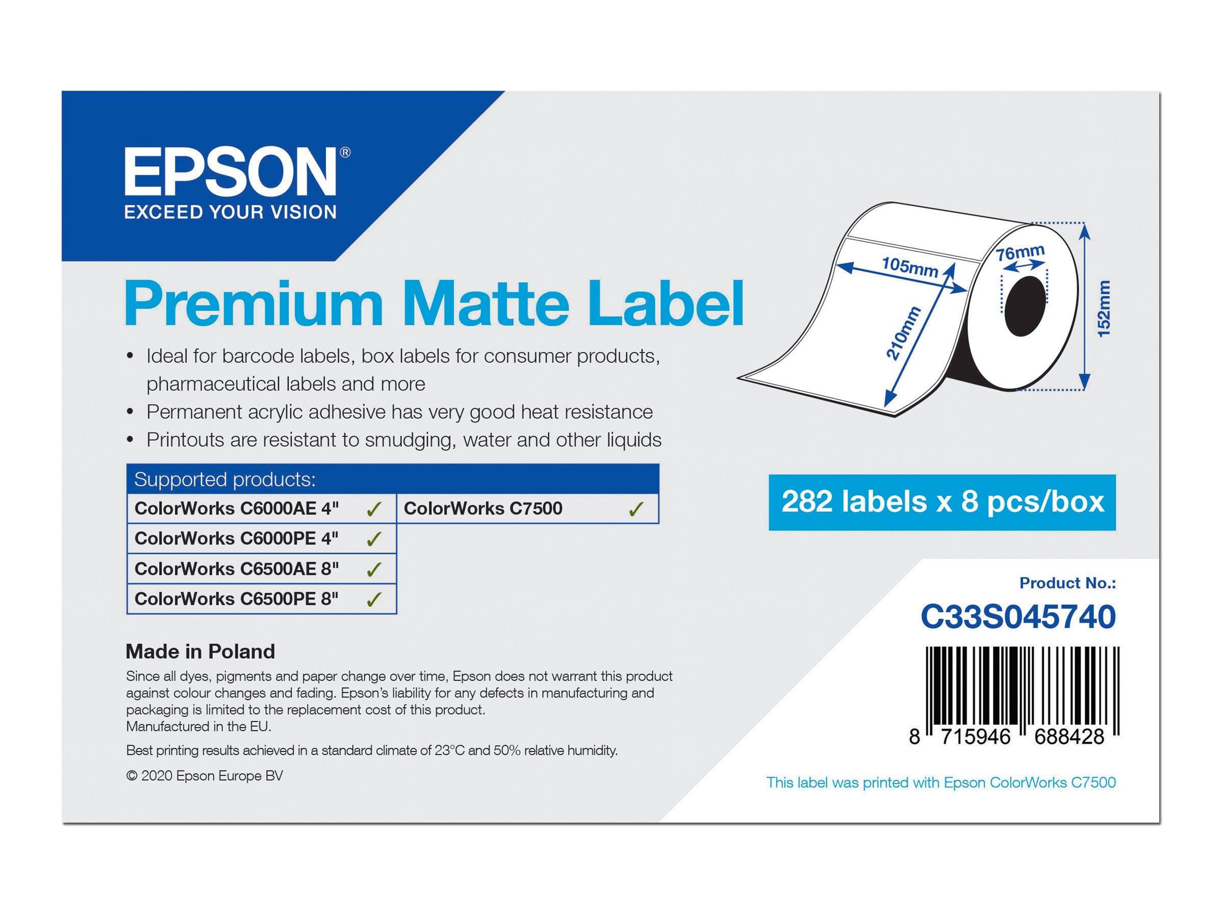 Epson Premium Matte Label Verpackung mit einer Rolle weißer Etiketten, Maßdiagramm, Kompatibilitätsliste für ColorWorks Drucker und Produktcode C33S045740 mit Barcode.