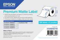 Epson Premium Matte Label Produktverpackung mit einer Musterwellenetikettrolle, Kompatibilitätsdetails und Barcode, mit Text „202 Etiketten x 8 Stück/Karton