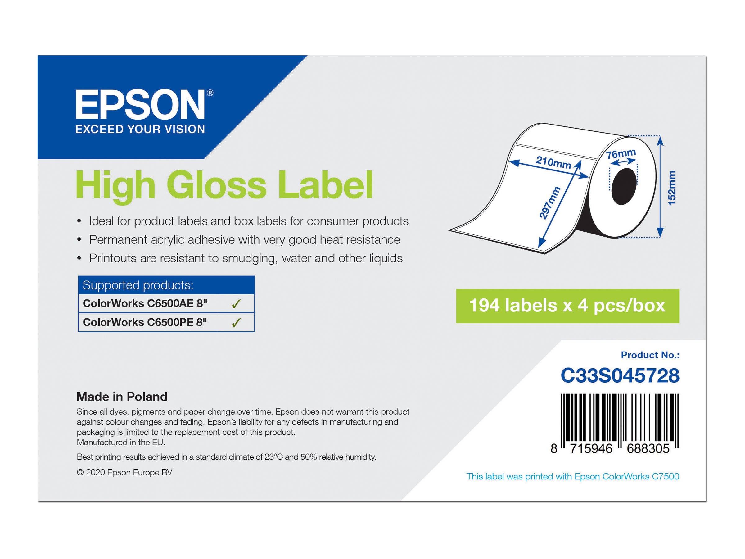 Epson Hochglanz-Etikett-Verpackung mit einer Rollenetikett-Illustration, Produktdetails, unterstützten Druckern, Produktnummer C33S045728 und „194 Etiketten x 4 Stück/Karton