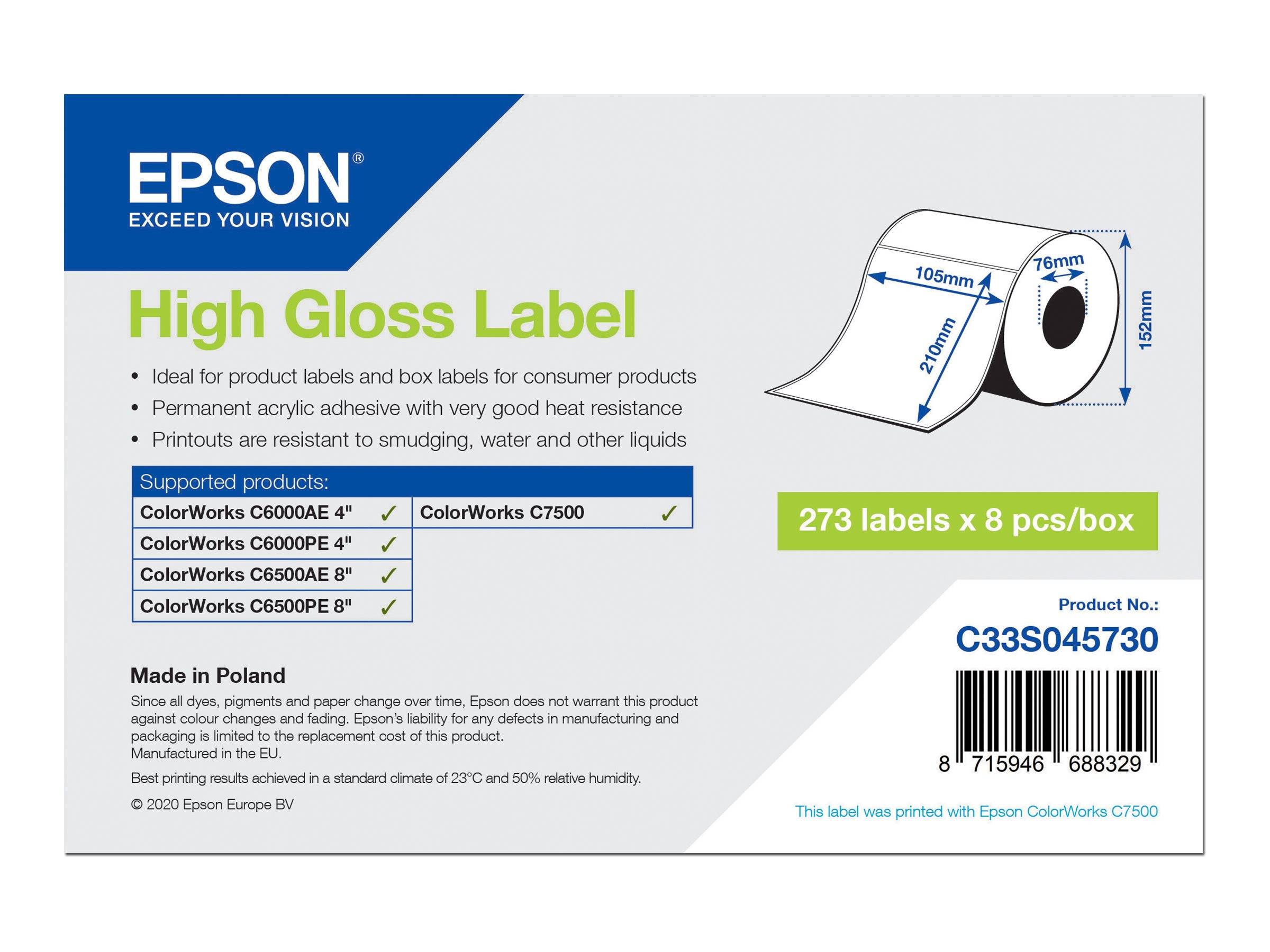 Epson Hochglanz-Etiketten Produktkarton mit einer Rolle von Etiketten, Kompatibilität mit ColorWorks-Druckern, Abmessungen, 273 Etiketten x 8 Stück/Karton und Barcode.
