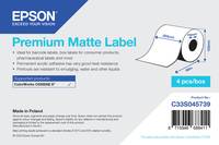 Epson Premium Matte Label Produktkarton mit Rollenabbildung, 4-Zoll-Größeabzeichen, Produktcode C33S045739 und Barcode.