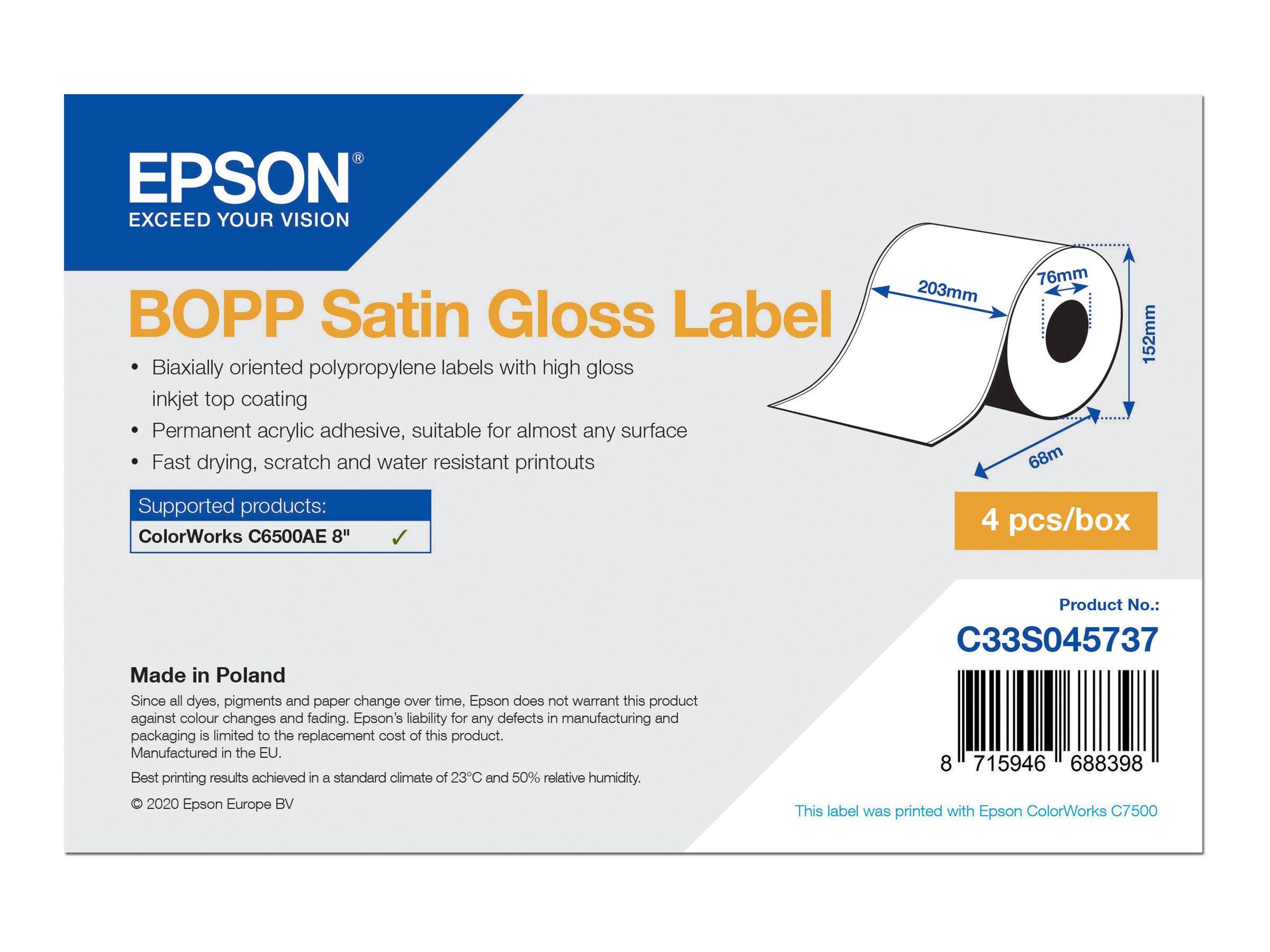 Epson BOPP Satin Gloss Label-Paket für ColorWorks-Drucker, Produktcode C33S045737 und 4 Stück pro Karton mit Etikettenrollenabmessungen.