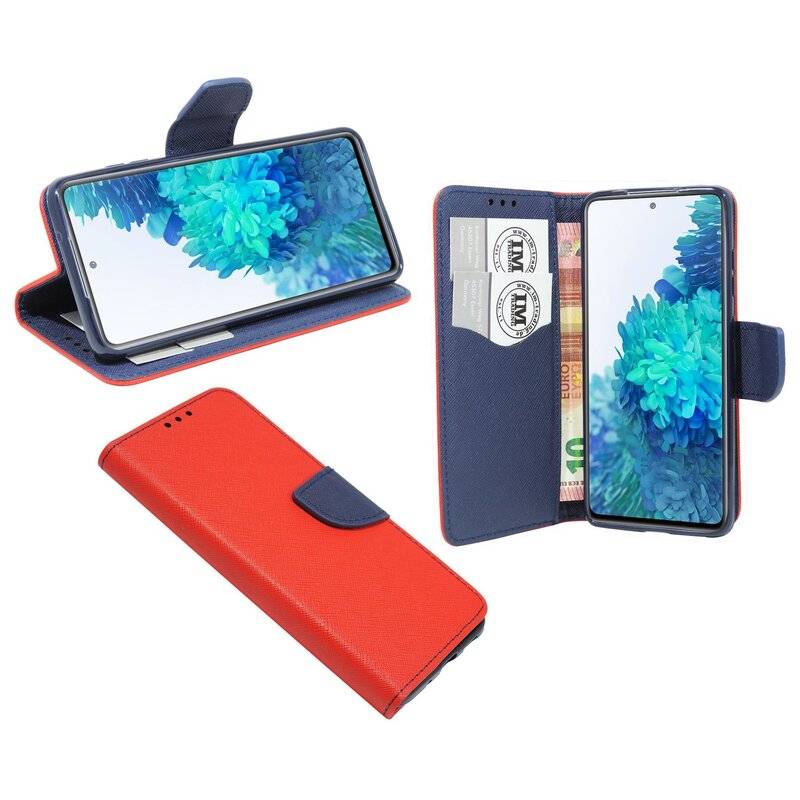 Buch Tasche "Fancy" für SAMSUNG GALAXY S20 FE (G780F) Handy Hülle Schutzhülle mit Standfunktion, Kartenfach Rot-Blau